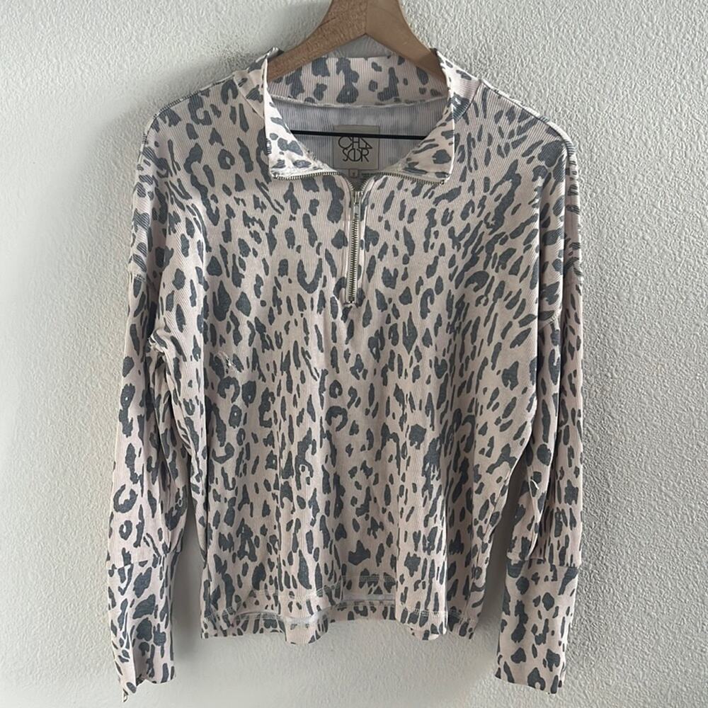 Chaser Rib Long Sleeve Drop Shoulder Mock Neck Pullover Leopard Cheetah Small